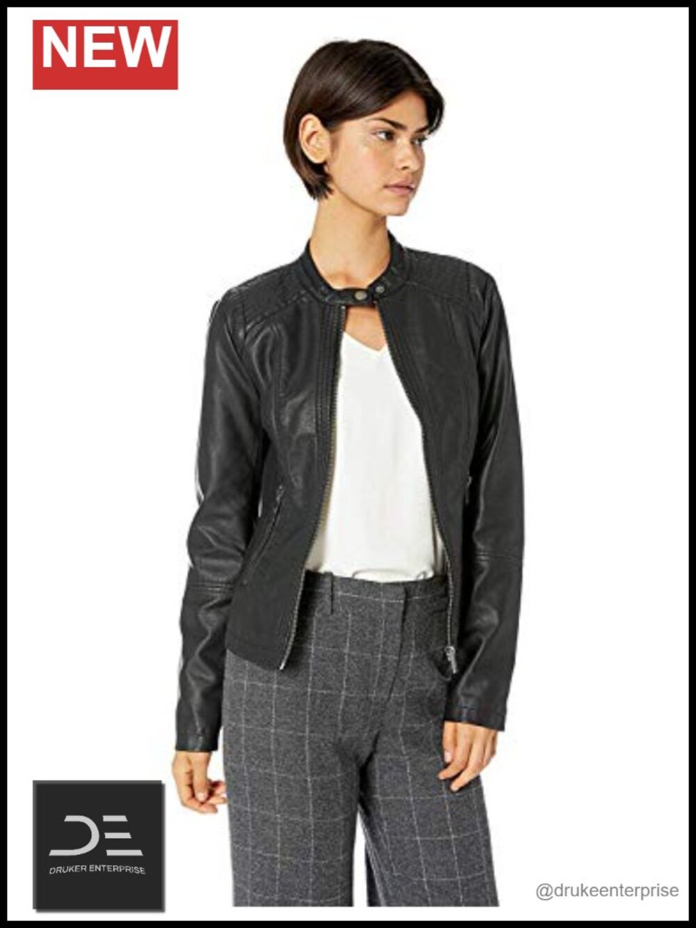 Faux Leather Moto Jacket with Front Zip Pockets and Moto Details